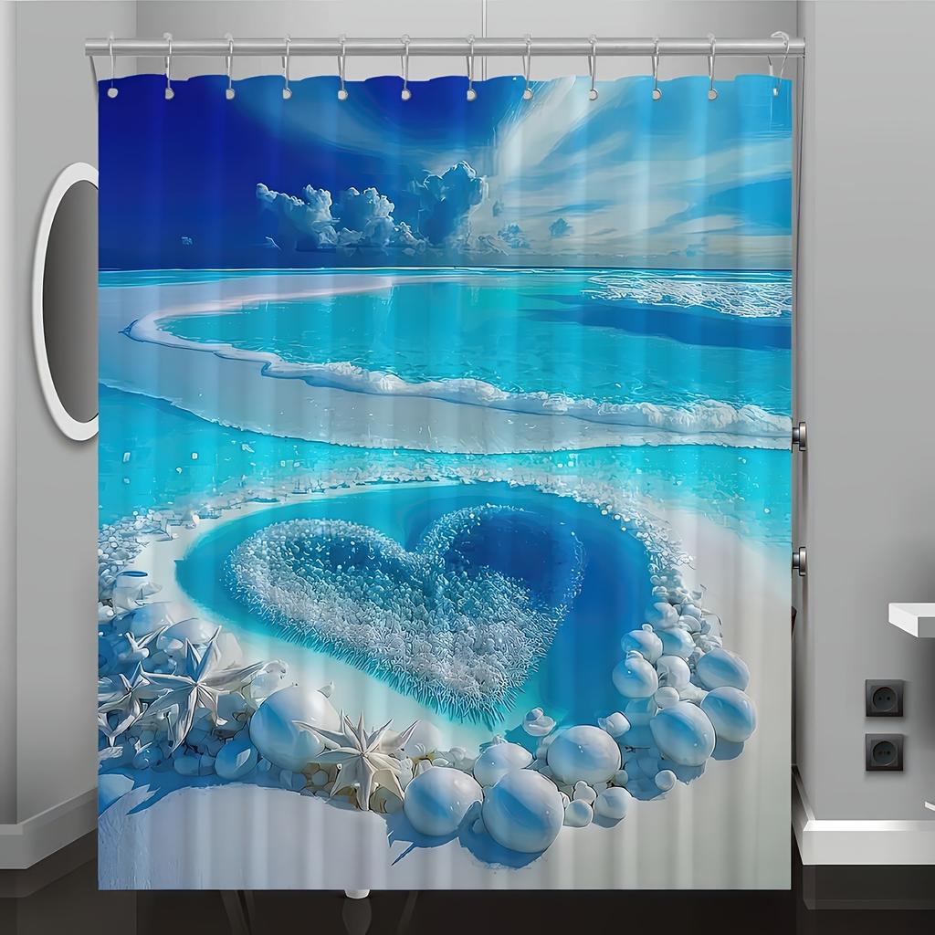 Beach Scenery of Ocean Love Shower Curtain Washable Dirt-Resistant Shower Head Waterproof Polyester Bath Curtain For Home Decor