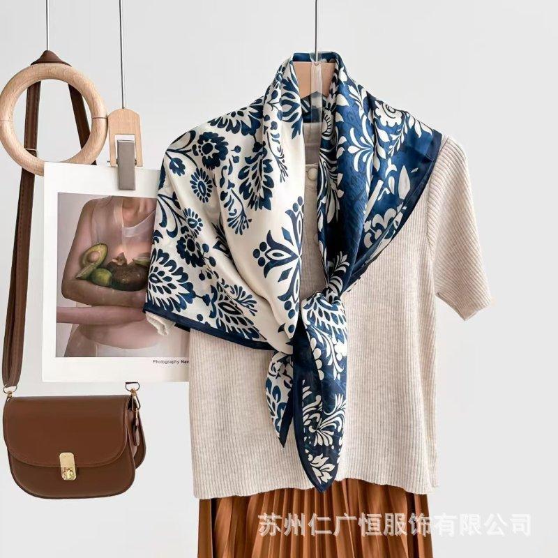 91Cm silk scarf women's 111% mulberry silk large nautical square scarf shawl, simple and generous European and American retro silk scarf
