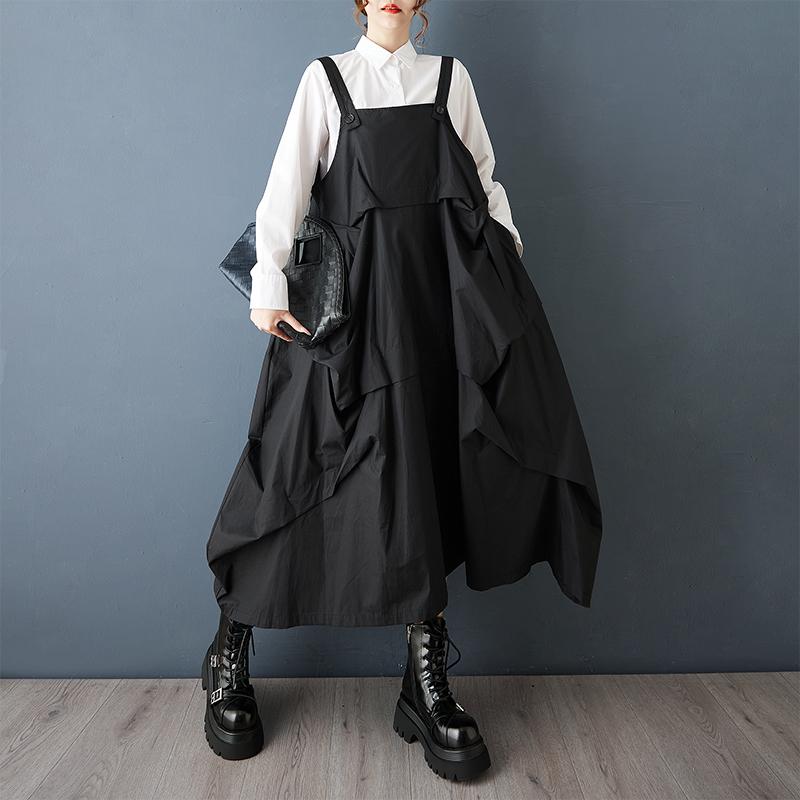 

DIMANAF 2025 Осень Женское Повседневное Длинное Платье Большого Размера Свободное Модное Женское Платье Макси Без Рукавов Черное one size чёрный