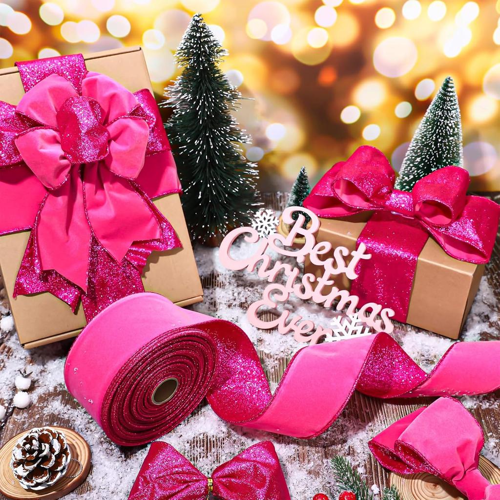 Winter Hot Pink Velvet Wired Edge Ribbon 2.5 Inch 20 Yards Double Sided Christmas Glitter Craft Ribbon for Xmas Tree Bow Wreath Gift Wrap Holiday