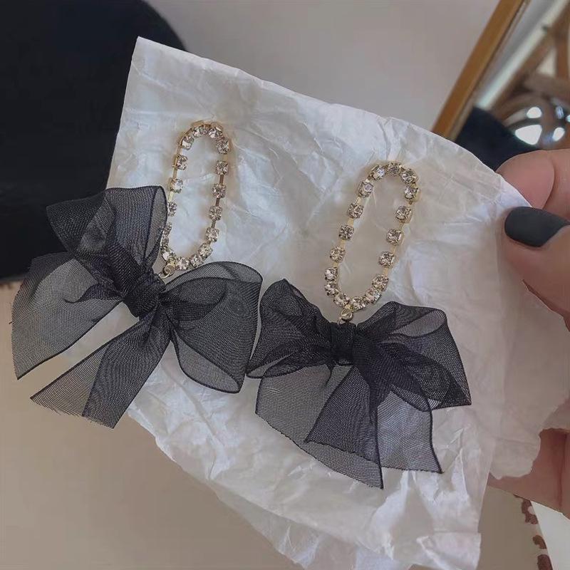 925 Silver Needle Diamond Velvet Bow Earrings - Elegant Heart Studs for Women