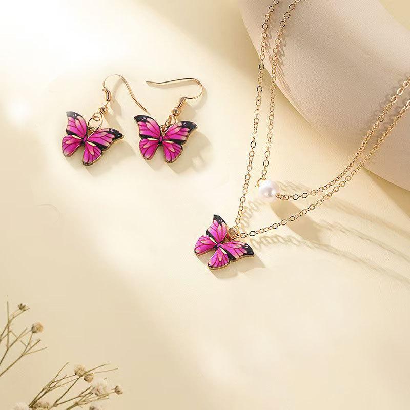 Multicolor Butterfly Necklace Earrings 3-Piece Set Sweet Versatile Butterfly Collarbone Chain Women'S Necklace Jewelry