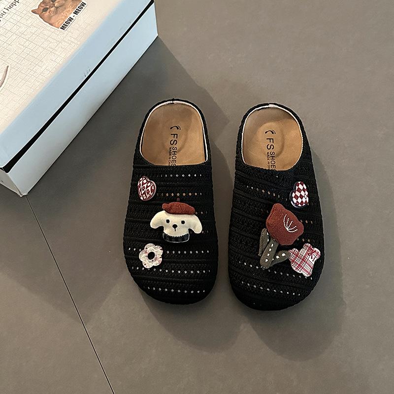 Cartoon fashion cute hollow woven bag head slippers women's summer retro versatile home breathable flat bottom cool slippers