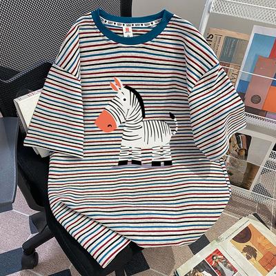 New Extra-large Vintage Striped Short-sleeved Printed T-shirt