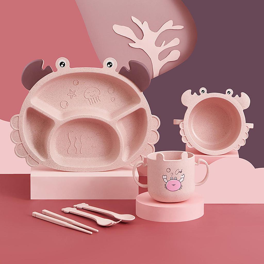 Set per l'alimentazione dei granchi per bambini, include piatto, ciotola, tazza, forchetta, cucchiaio e bacchette.