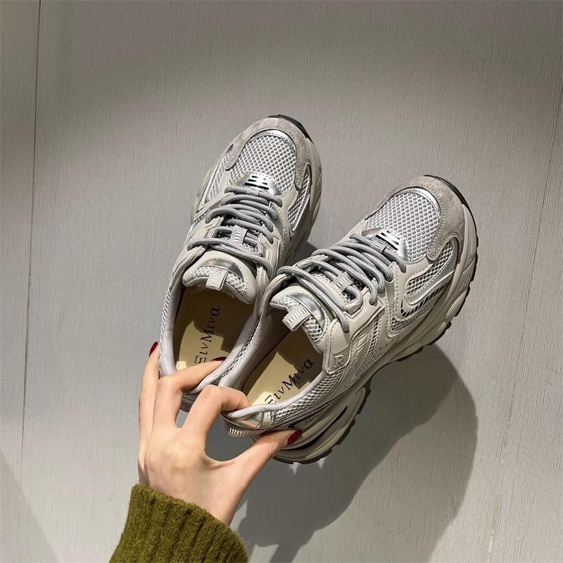 Silver Heightening Platform Shoes Women's 2025 Spring Retro Lightweight Breathable Casual Sports Low-top Dad Shoes Trendy and Versatile