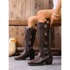 Winter 2025 Fleece Belt Buckle Rivet Mid-heel Knight Boots Plus Size Thick Heel Western Boots Women