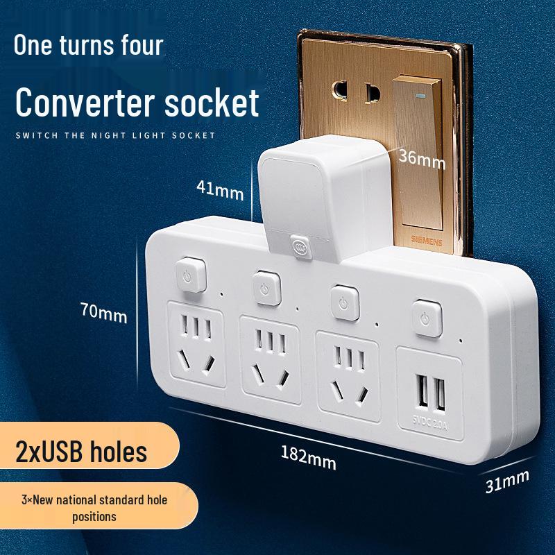 Multi-Outlet Power Strip with USB, Wireless Converter, Night Light, and Individual Switches for Home Office