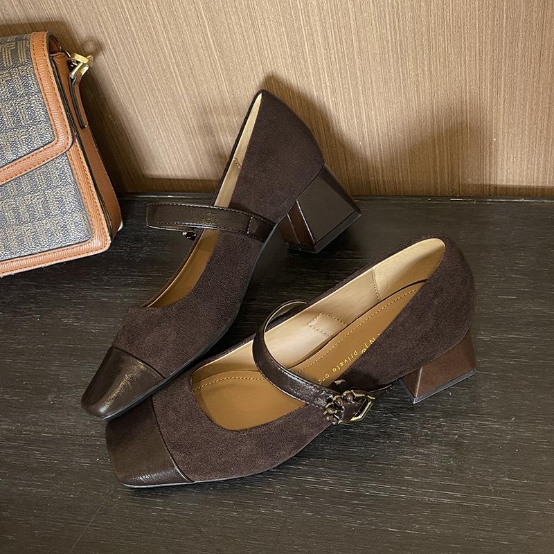 332-77 Cashmere splicing square head thick heel single shoes middle heel soft leather one-word buckle Mary Jane shoes spring and autumn