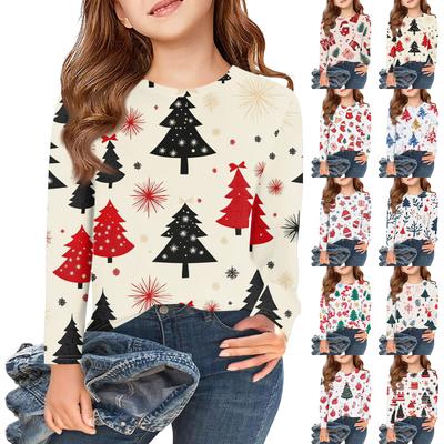 Weihnachtstag Mädchen Langarm T-Shirts Kinder Herbst Oberteile Rundhalsausschnitt Bedruckte Basic T-Shirts
