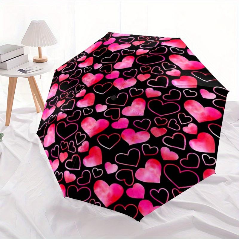 1pc Automatic Open/Close Umbrella with 8-Rib Windproof Design & Heart Print -  & Black Heart Pattern with Heart Cutouts, Compa