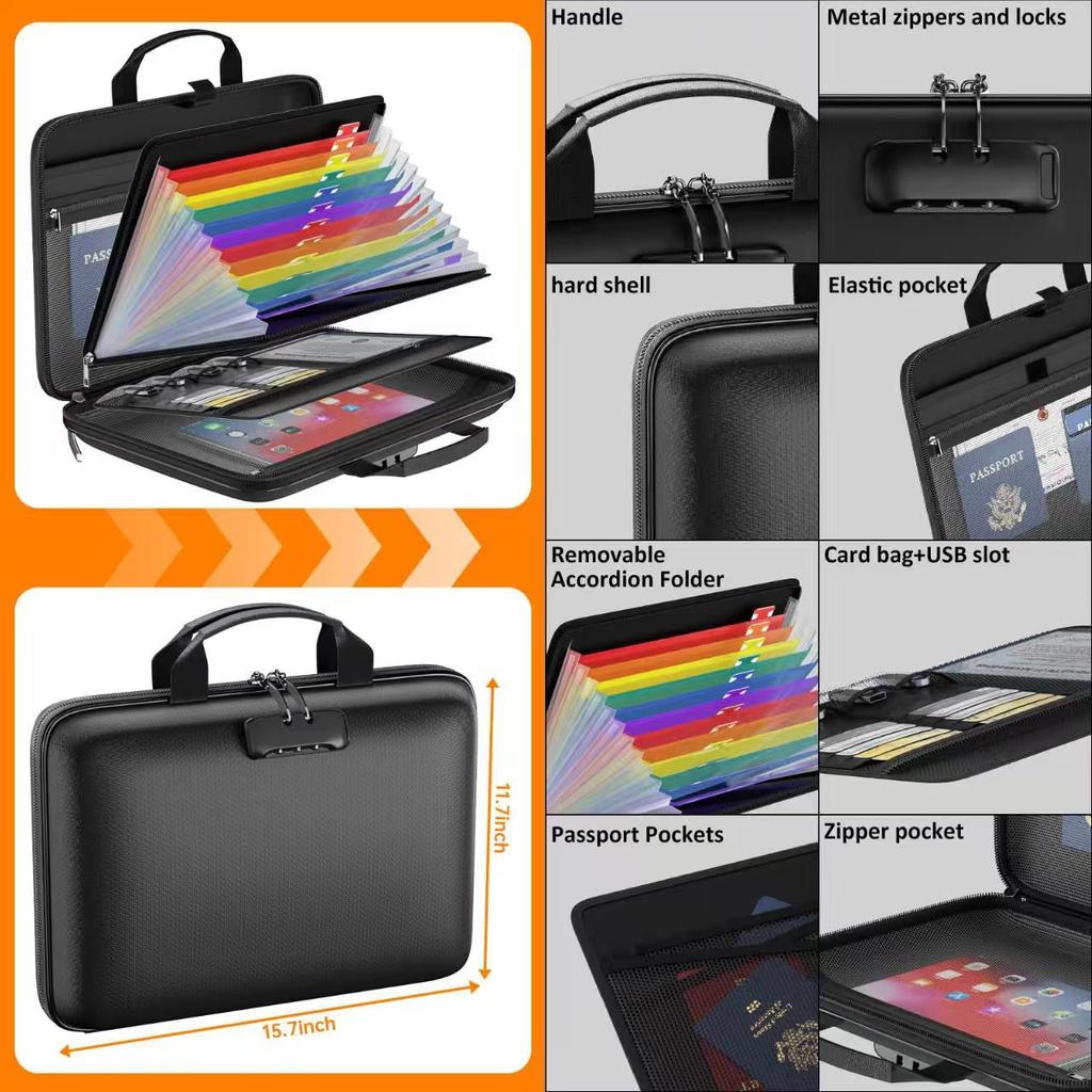 Fireproof File Organizer with Lock, Hard-Shell Case Fireproof Document Box with 13 Accordion File Folder, for Important