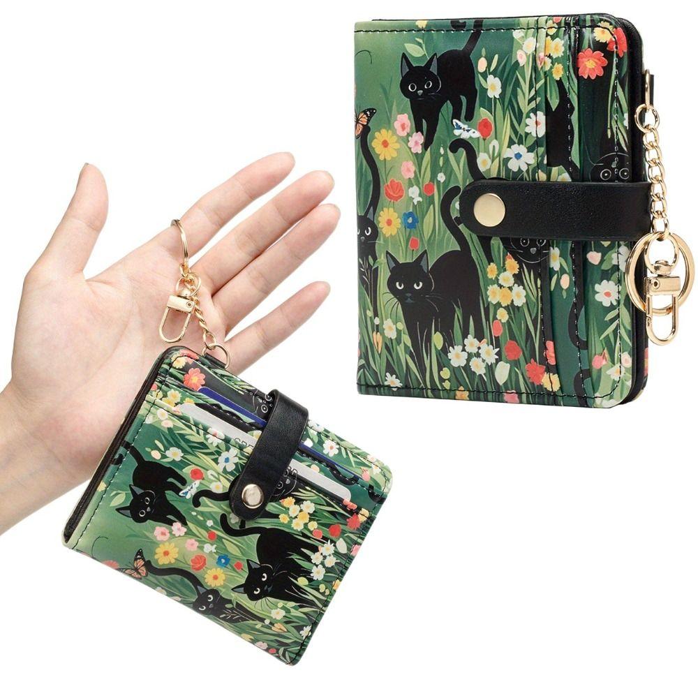 Cute RFID Card Holder PU Leather Ultra-Thin Coin Bag Compact Black Cat Floral Women Wallet Daily Use