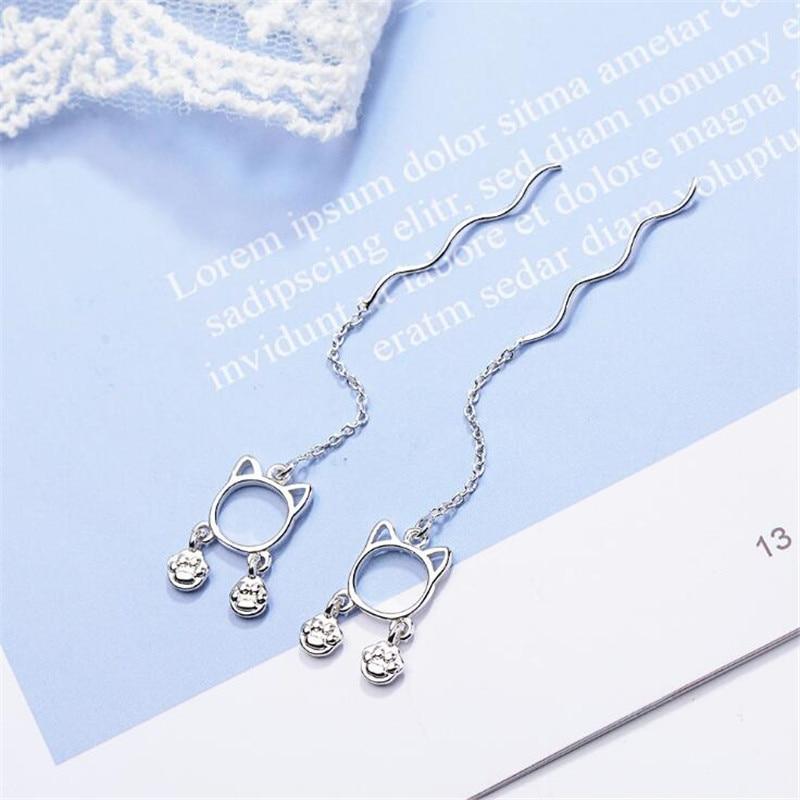 New Temperament Long Ear Line Cute Animal 925 Sterling Silver Jewelry Footprints Hollow Cat Exquisite Dangle Earrings Xze237