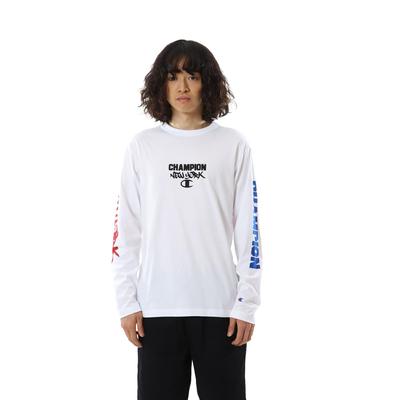 Long Long Round Graphic Logo Long Sleeve Basic White [Champion] T-shirt, Sleeve, Neck, 100% Cotton, Print, T-Shirt, C3-Z411 Men's