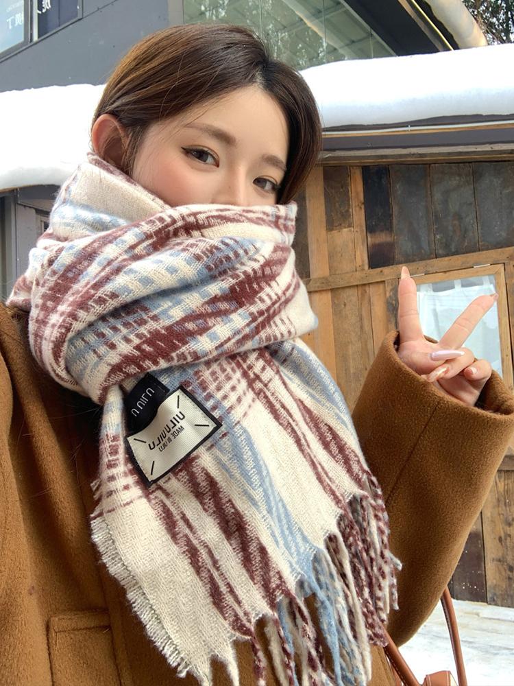 Women Retro Plaid Knitted Scarf Headscarf Ladies Casual Sweet Tassel Warm Scarve Mujer Wrap Shawl Student Young Girl New Winter