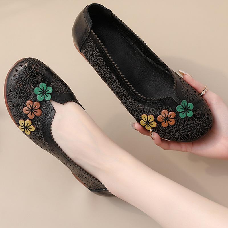 Summer Top Layer Cowhide Flat-soled Casual Beef Tendon Soles Women's Shoes Ethnic Style Genuine Leather Hollow Sandals Women's Mother's Shoes