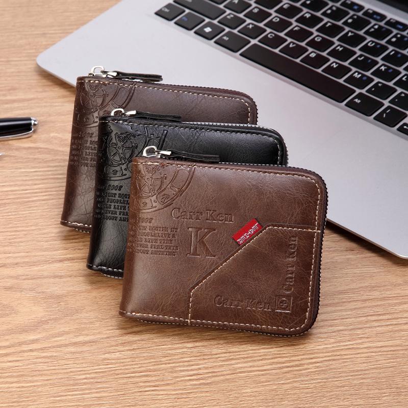 Korean Style Men's Retro Short Wallet - Patchwork Card Holder with Zippered Coin Purse and Driver's License Document Bag.