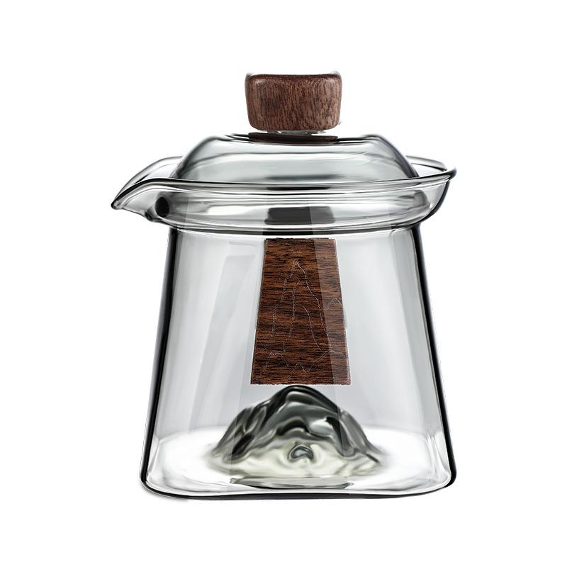 Heat-resistant Glass Gaiwan Tea Tureen with Scald Proof Wood Chips Simple Kung Fu Tea Set Bottom Mountain View Tea Cup and Bowl