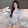 Summer Loungewear Ice Silk Pajamas Two-Piece Cardigan Short-Sleeved Shorts Striped Fashion Loungewear Real Shot