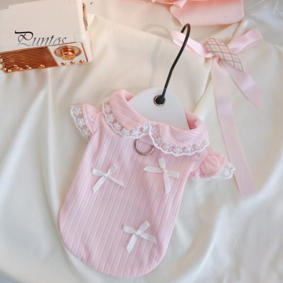 No Harness Needed Dog Wear Cute Girl T-Shirt, Sweet Lace Trim Pet Shirt with Bowknots, Collar Short Flying Sleeves, Summer Female Outfit for