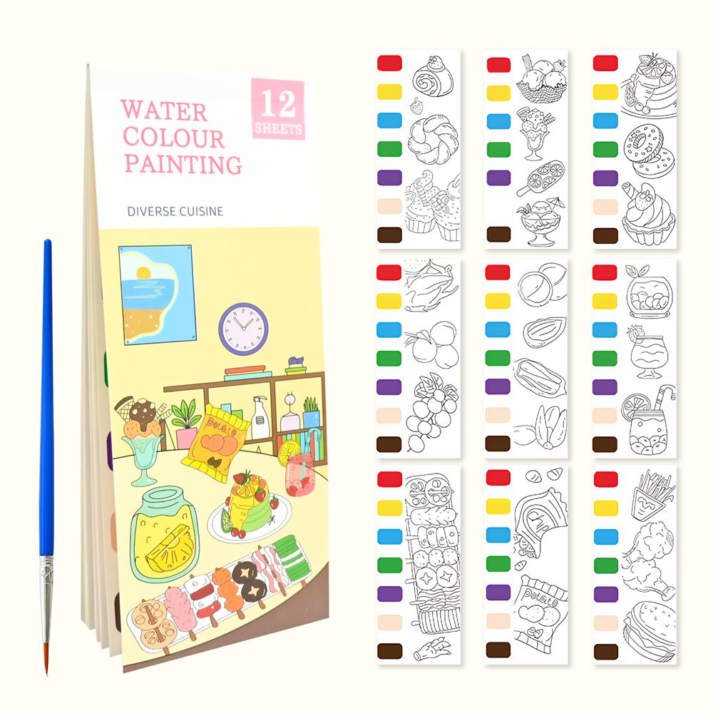 12pages Children's Watercolor Coloring Book Drawing Toys With Built-in Watercolor Pen For Birthday Christmas Boys Girls Gifts