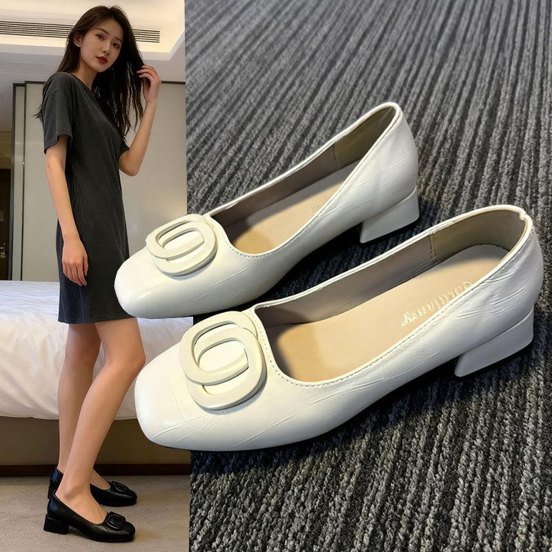 Fashion temperament single shoes women's spring and autumn new square head light mouth thick heel versatile shoes low heel small leather shoes