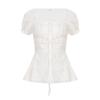 Gentle Style French Retro Square-Neck T-Shirt for Women, Summer Pleated Waist-Cinching Tie Design, White Spicy Girl Puff-Sleeve Top