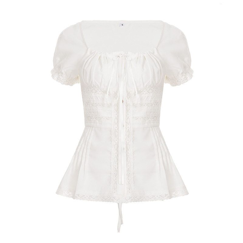 Gentle Style French Retro Square-Neck T-Shirt for Women, Summer Pleated Waist-Cinching Tie Design, White Spicy Girl Puff-Sleeve Top