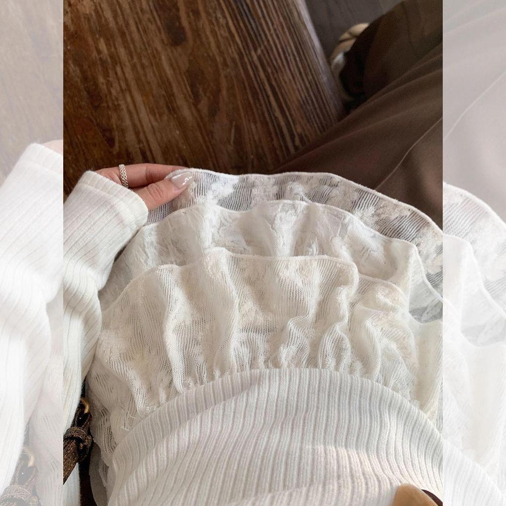 Ballet-Inspired Plush Lace Trim Long Sleeve High Neck Slimming Top for Fall/Winter