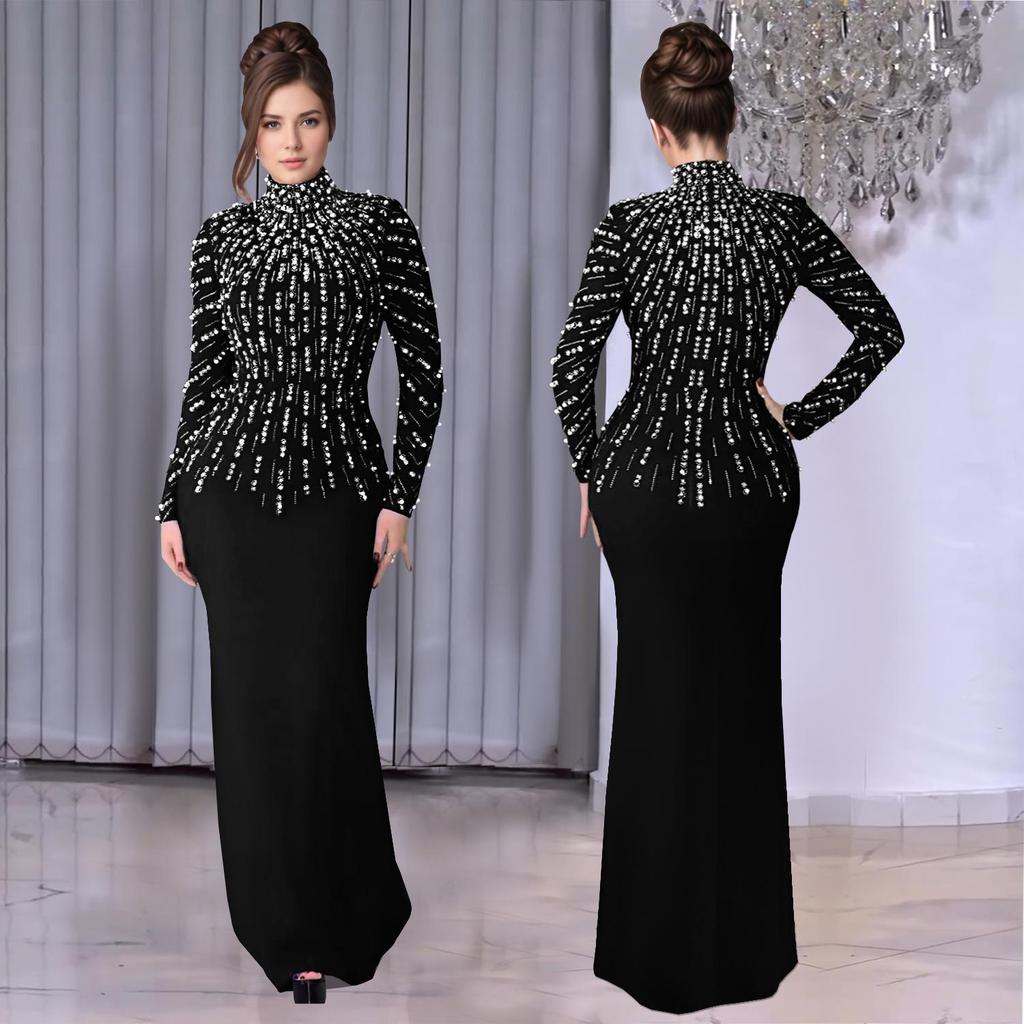 European & American Fashion Women's Long-Sleeve Beaded Bodycon Dress