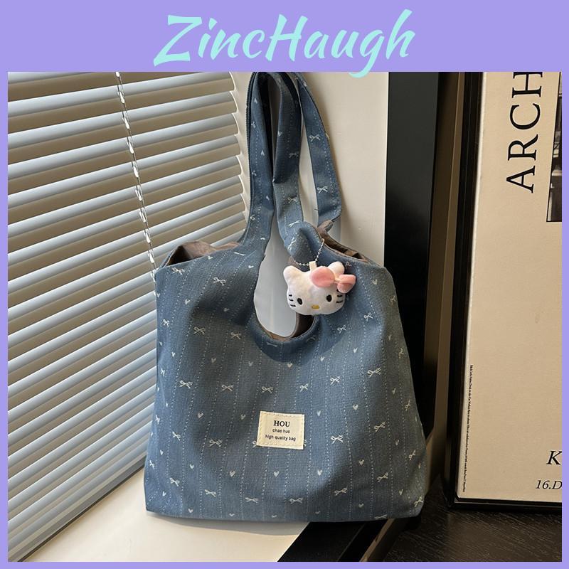 Korean Style Denim Tote Purse With Embroidered Stitching Small Capacity For Commuting