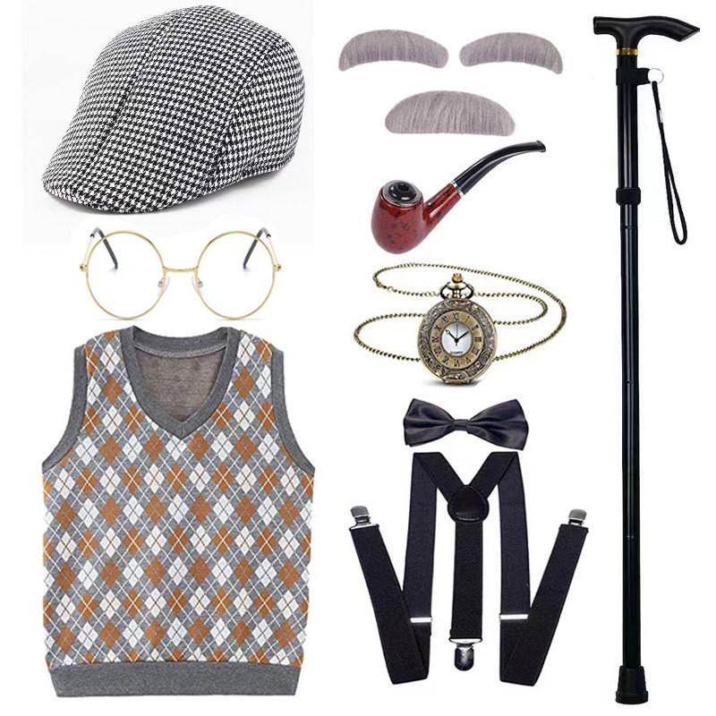 Disfraz de abuelo premium con peluca, chaleco elegante y accesorios para niños y adultos.