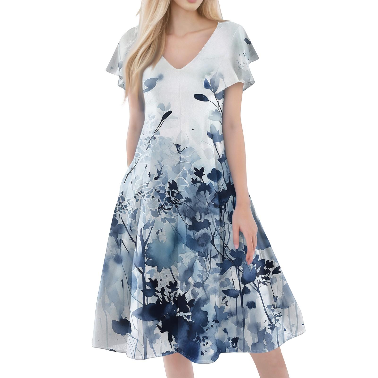 

Женское повседневное модное платье с V-образным вырезом, короткими рукавами, принтом и карманами S синий