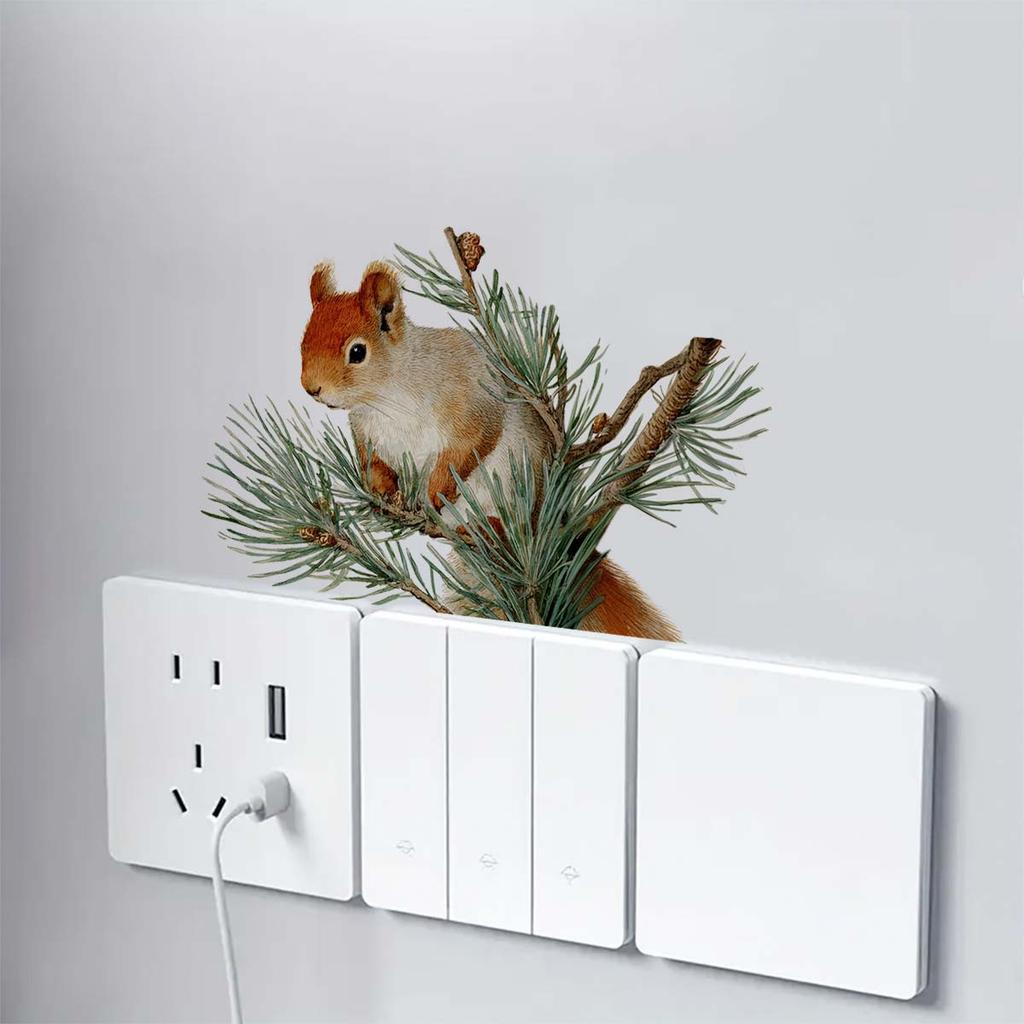 Realistic Squirrel On Pine Branch Self-adhesive Switch Decorative Sticker Removable, Waterproof, Household Beautification Sticker