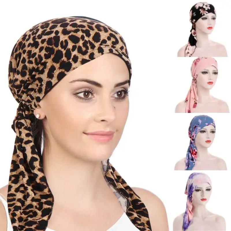 Women Printed Turban Cap Muslim Hijab Inner Caps Beanies Bonnet Long Tail Headscarf Strech Bandana Hat