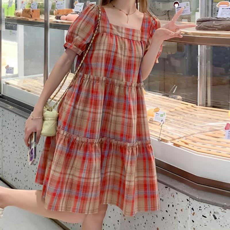 

Свежее клетчатое платье А-силуэта с короткими рукавами для миниатюрных женщин, 2024 L красный