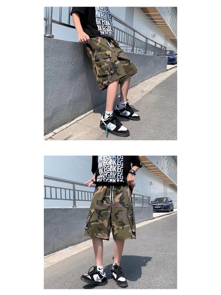 Herren Amerikanischer Street Retro Hip-Hop Camouflage Weitbein-Overall mit Großen Taschen