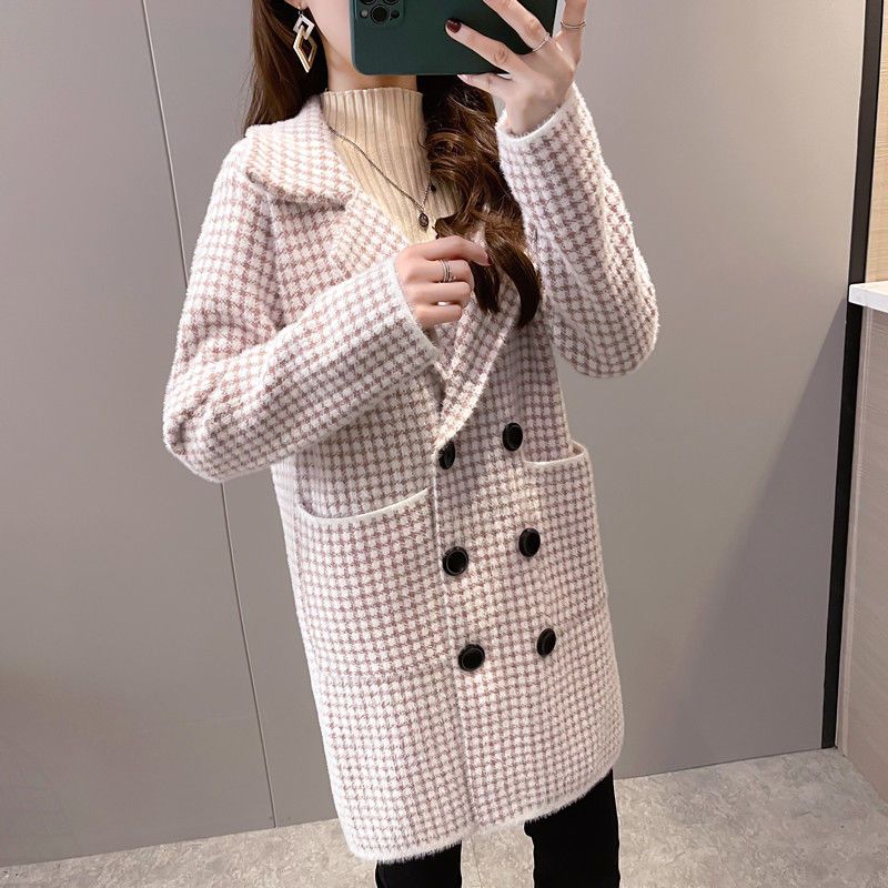 Damen Karierter Langer Mohair Cardigan Mantel Herbst Nerzstrickjacke