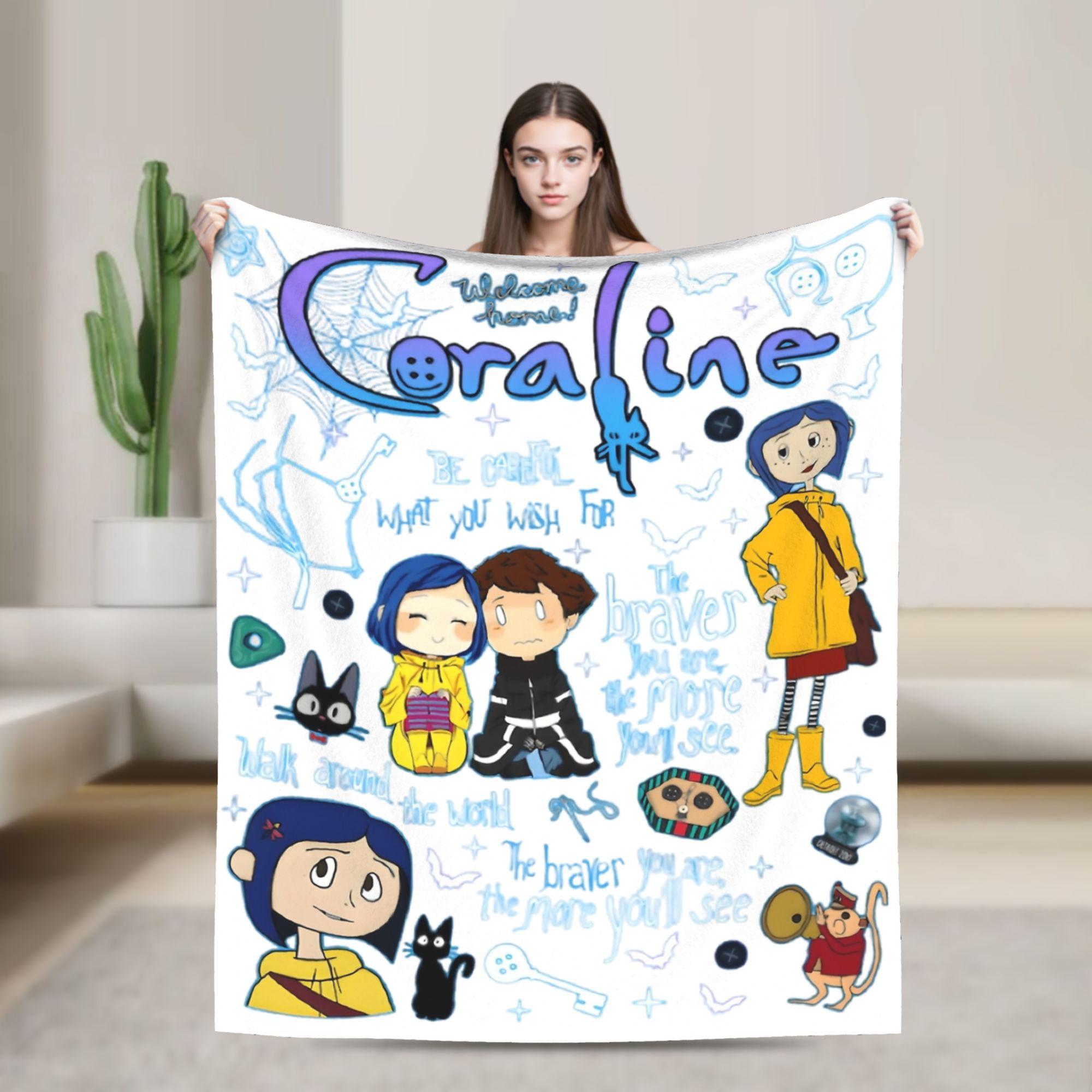

Coralines Halloween 90s Movie Blankets Cartoon Horror Girl Flannel Funny Breathable Throw Blankets for Bed Sofa Winter Car 30x40in