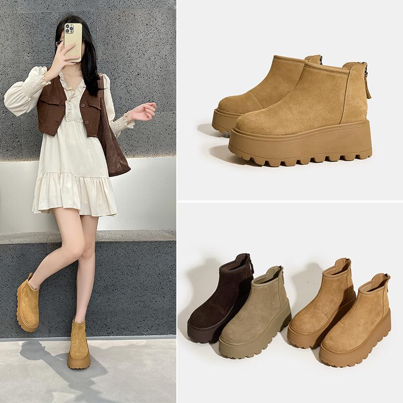 Cattle suede thick-soled short boots women's early autumn matte leather inner height increase women's boots soft leather Martin boots spring thin