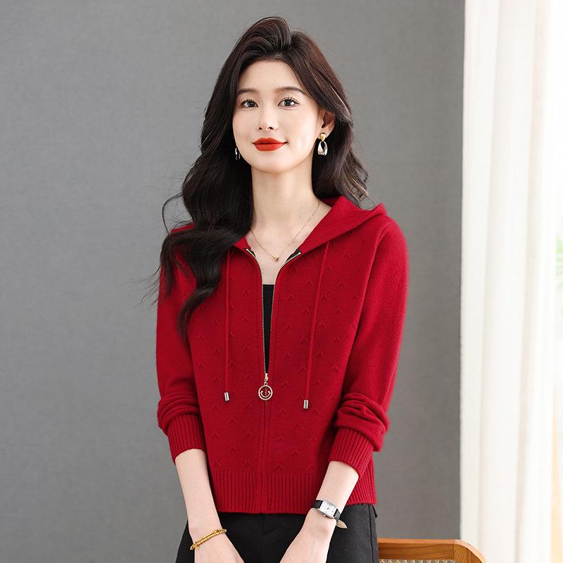 Damen-Strickjacke mit Kapuze und Reißverschluss für Frühling und Herbst