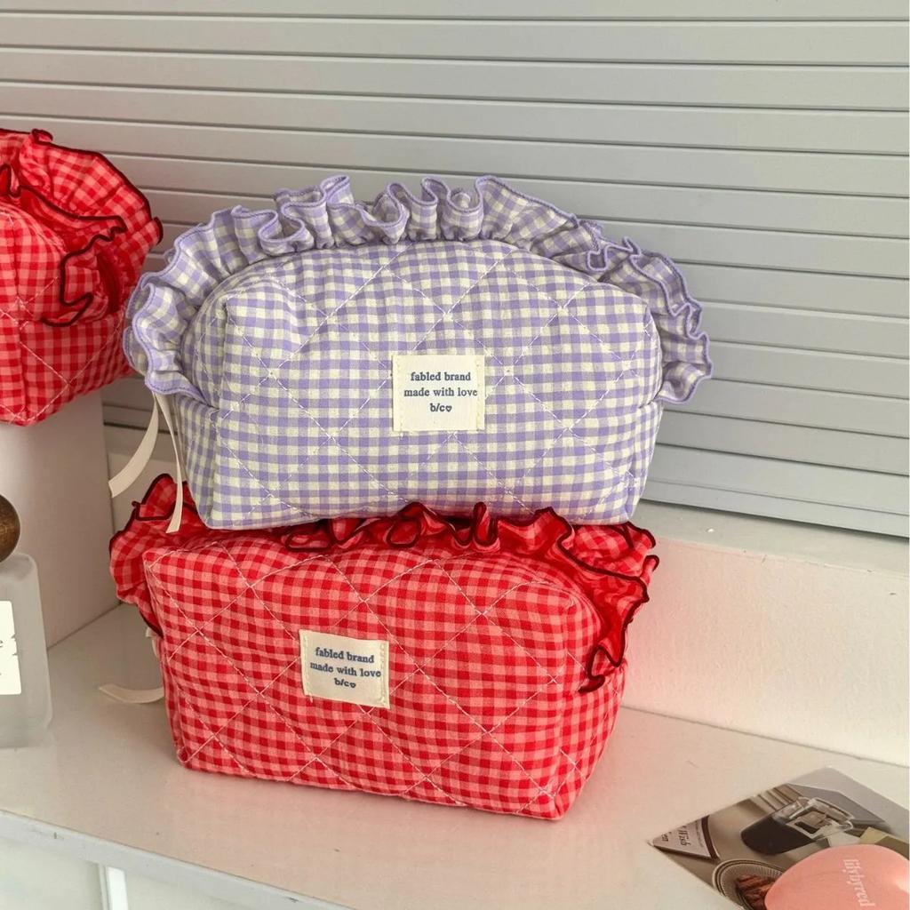 Kontrastfarbene Karomuster Damen Kleine Aufbewahrungstaschen Beutel Geldbörse Damen Kosmetiktasche Handtaschen Süßes Spitze Damen gesteppte Kosmetiktasche