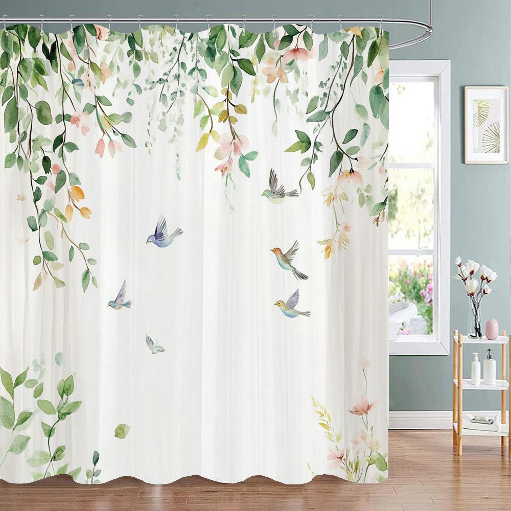 Spring Flowers and Plants Birds Shower Curtain, Bathroom Decorative Shower Curtain, Waterproof Shower Curtain with Hooks