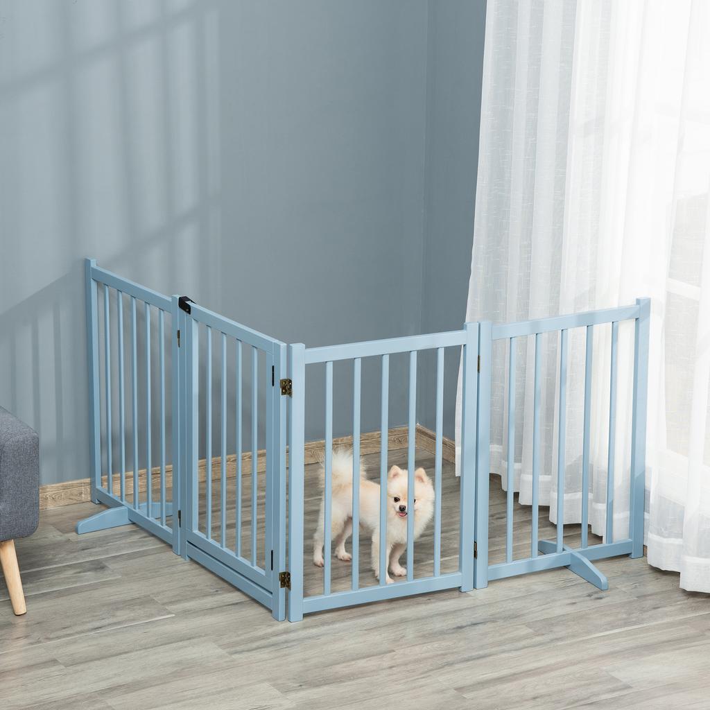 Pet Gate Wooden Foldable Dog Safety Barrier W/ 4 Panels for Small and Medium Dogs Blue