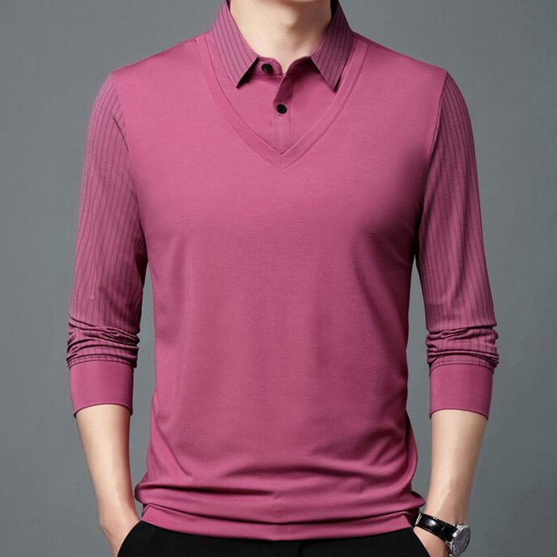 Frühling und Herbst Neues Fake-Zweiteiler Herren T-Shirt Mittelalterlich Lässig Papa Poloshirt Dünnes Revers Gestreiftes Unterteil