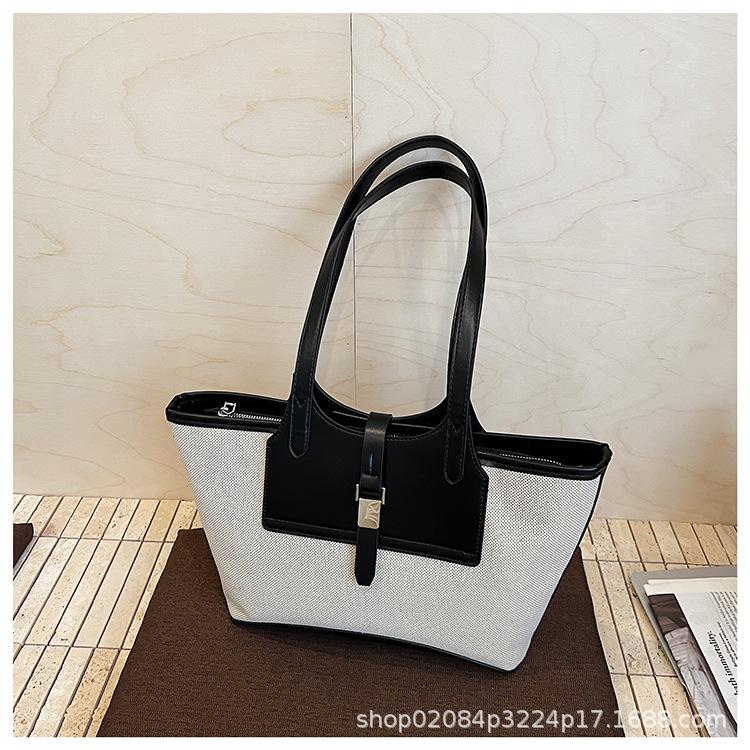 2025 New Versatile Contrasting Color Canvas Leather Splicing Personalized Retro Large-capacity Handbag Tote Bag