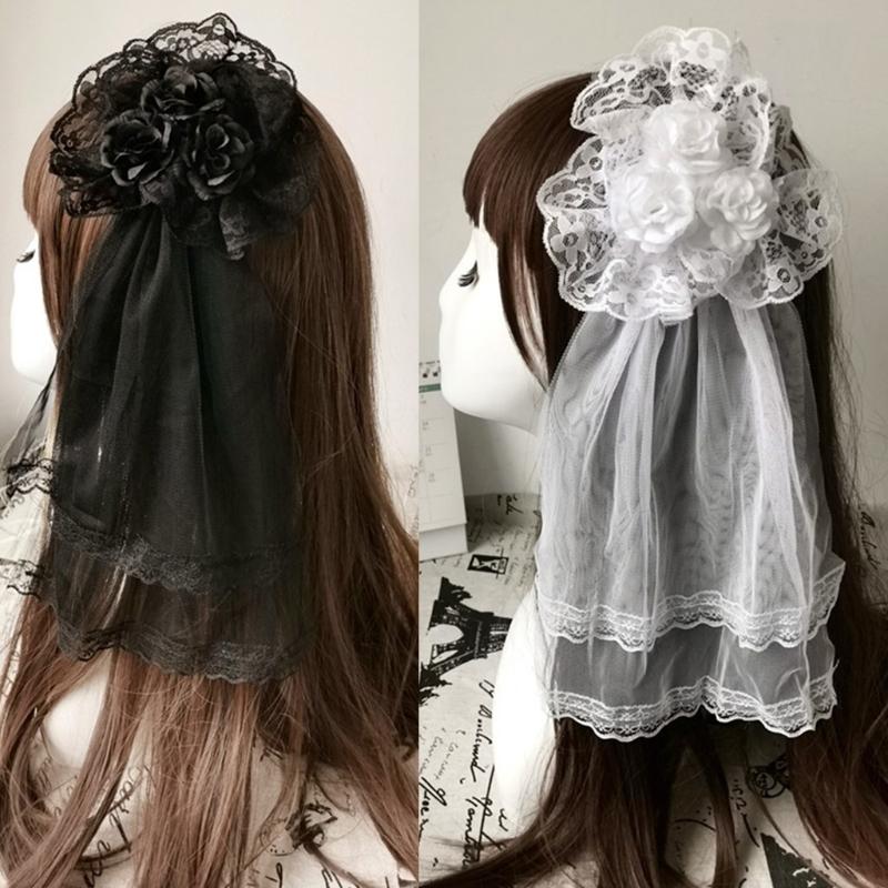 Lolita Gothic Headdress Lace Veil Headwear Rose Side Clip Barrette Halloween Cosplay Accessories Party Headpiece