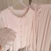 Pajamas with chest pads women's summer pure pink pants long sleeves long loose large size lace imitation cotton round neck loungewear set