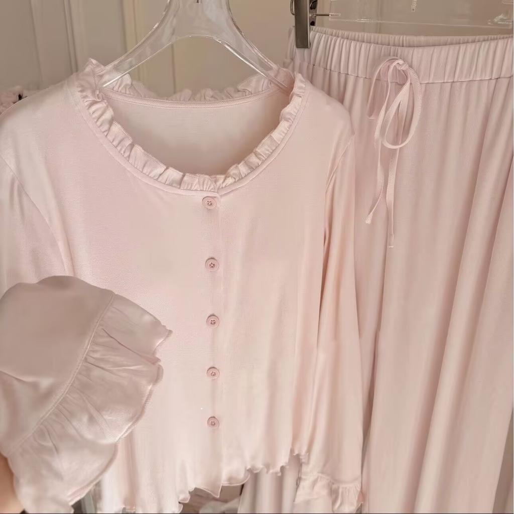 Pajamas with chest pads women's summer pure pink pants long sleeves long loose large size lace imitation cotton round neck loungewear set
